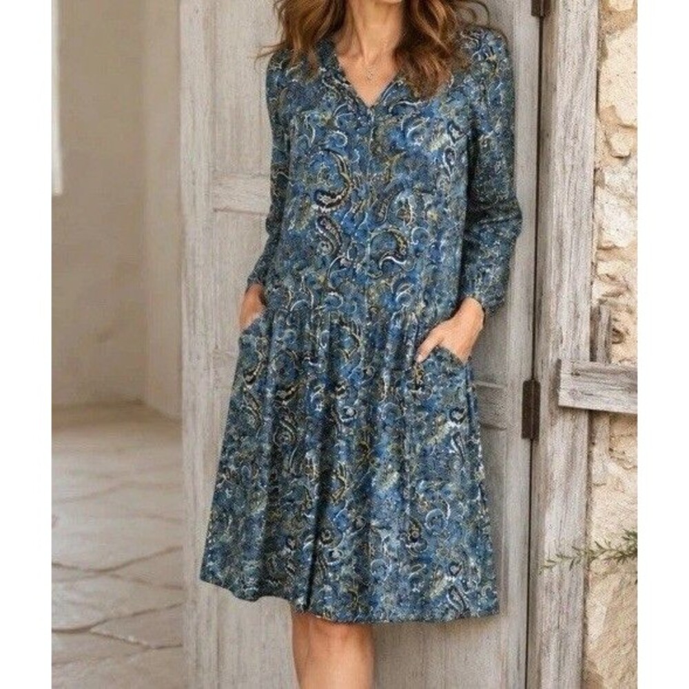 Garnet Hill SZ 14 Dropwaist Button-Up Dress Blue Gold Paisley 46625 Pockets